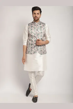 Kaifoo Mandarin Collar Long Sleeves Straight Kurta with Churidar & Printed Nehru Jacket