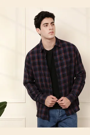 WROGN Men Navy Blue & Red Slim Fit Checked Casual Shirt