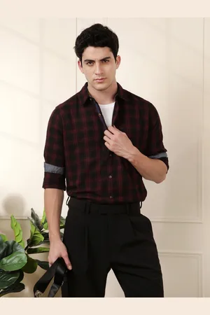 WROGN Men Dark Purple & Black Slim Fit Checked Pure Cotton Casual Shirt
