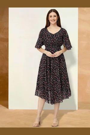 BAESD Floral Printed V-Neck Flutter Sleeves Cotton Fit & Flare Midi Dress