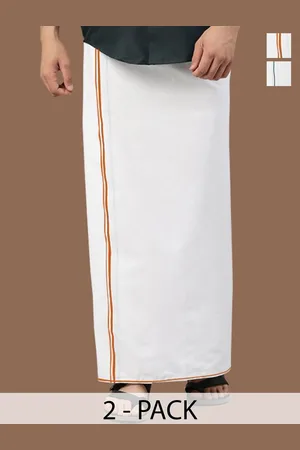WHITE HEART Men Pack of 2 Pure Cotton Single Layer Dhoti with Coloured Border