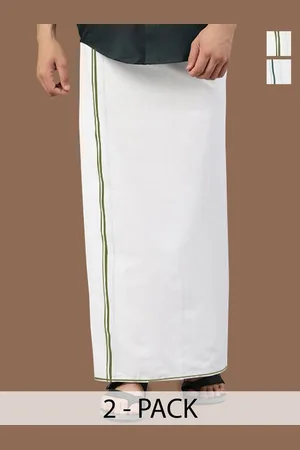 WHITE HEART Men Pack of 2 Pure Cotton Single Layer Dhoti with Coloured Border