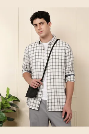 WROGN Men Off-White & Grey Slim Fit Checked Casual Shirt