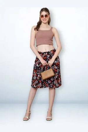 Jinfo Women Printed Knee Length Flared Skirt With Attached Shorts