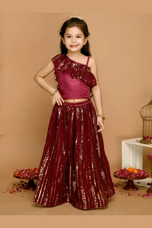 SAKA DESIGNS Girls Burgundy & Gold-Toned Ready to Wear Lehenga &