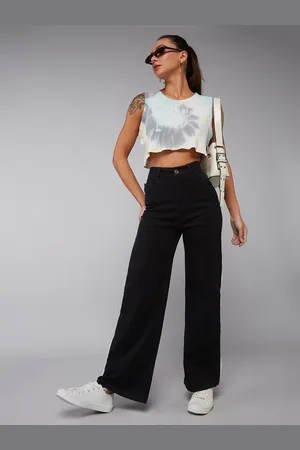 DOLCE CRUDO Women Wide Leg High-Rise Heavy Fade Stretchable Jeans