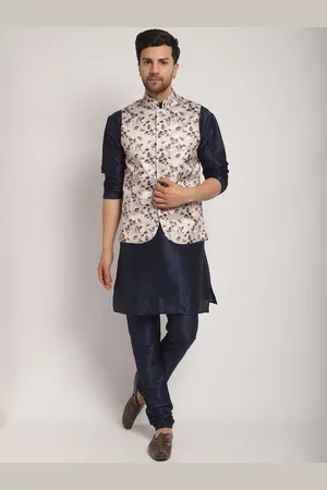 Kaifoo Mandarin Collar Long Sleeves Straight Kurta with Churidar & Printed Nehru Jacket