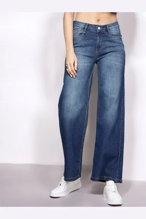 Mast & Harbour Women Wide Leg High-Rise Low Distress Light Fade Stretchable Jeans