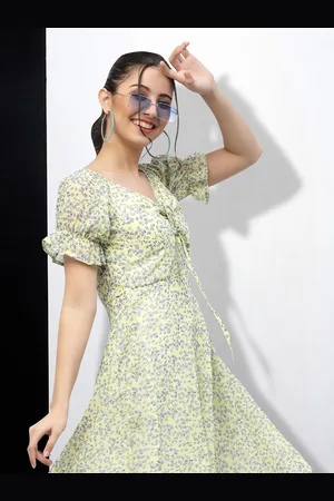 MISS AYSE Women Floral Print Tie-Up Neck Applique Fit & Flare Dress