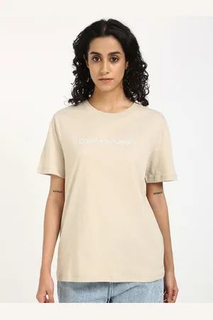 Calvin Klein Women Typography Printed Round Neck Cotton Slim Fit T-shirt