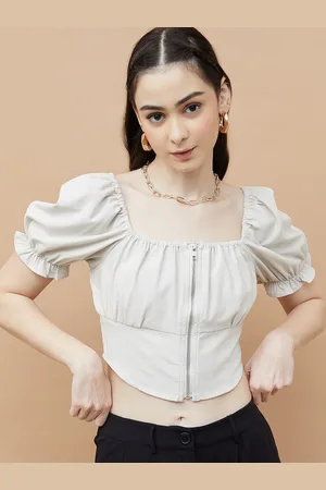 Lifestyle Women Square Neck Puff Sleeves Cinched Waist Top