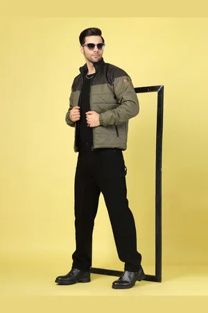 Rigo Men Olive Green Black Colourblocked Lightweight Outdoor Puffer Jacket