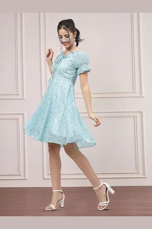 MISS AYSE Women Cotton Floral Printed Tie-Up Neck Fit & Flare Dress