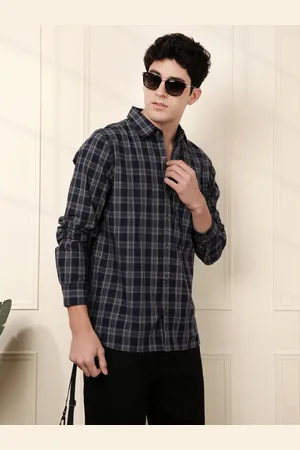 WROGN Men Navy Blue & Grey Slim Fit Checked Casual Shirt