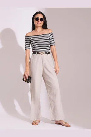Globus Women Natural Cotton High-Rise Wide Leg Formal Trousers