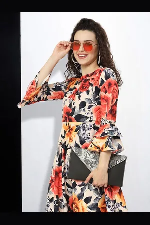 MISS AYSE Women Floral Printed Cotton Fit & Flare Midi Dress