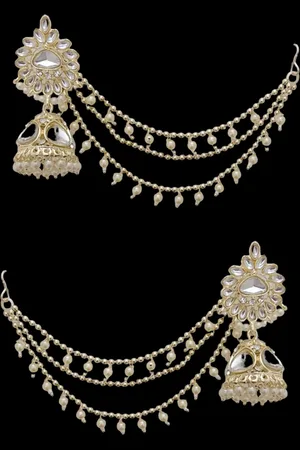 EVY Gold-Plated Artificial Stones And Beads Studded Dome Shaped Jhumkas With Ear Chain
