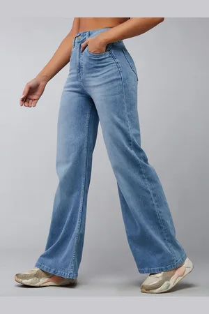 DOLCE CRUDO Women Wide Leg High-Rise Light Fade Stretchable Jeans