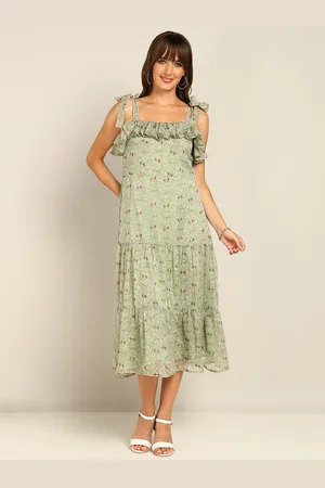 DressBerry Women Floral Printed Ruffles Tiered Fit & Flare Midi Dress With Shoulder Tie-up