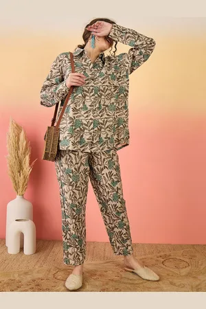 Sangria Beige Floral Printed Shirt Collar Shirt With Trouser