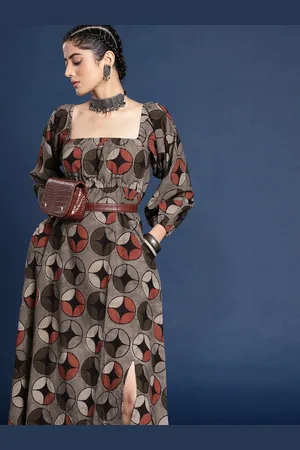 Taavi Dabu Geometric Printed A-Line Pure Cotton Midi Ethnic Dress
