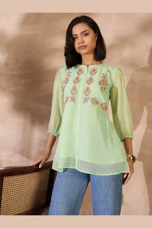 all about you Women Mandarin Collar Embroidered A-Line Longline Top
