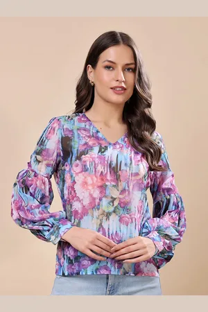 Cation Floral Print Bishop Sleeves Georgette Tube Top
