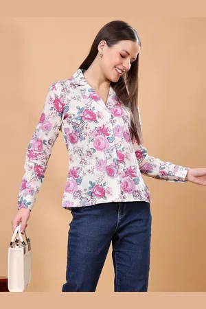 Cation Women Classic Fit Cuban Collar Floral Printed Cotton Casual Shirt