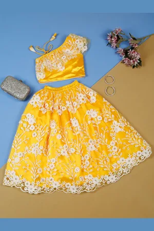 SAKA DESIGNS Girls Embroidered Sequinned One Shoulder Net Ready to Wear Lehenga & Blouse