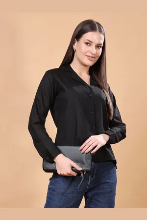 Cation Women Classic Fit Cuban Collar Solid Cotton Casual Shirt