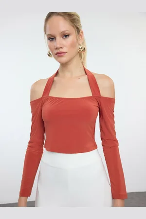 Trendyol Women Halter Neck Cold-Shoulder Fitted Crop Top
