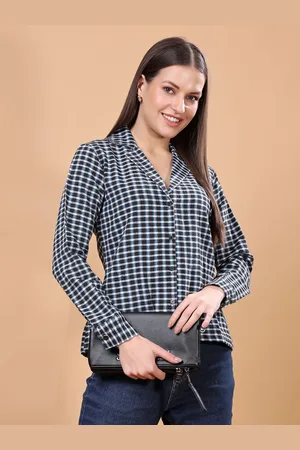 Cation Women Classic Slim Fit Cuban Collar Gingham Checked Cotton Formal Shirt