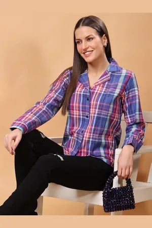 Cation Women Classic Fit Cuban Collar Tartan Checked Cotton Casual Shirt
