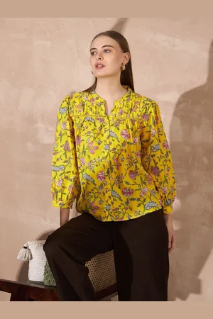 all about you Women Floral Print Mandarin Collar Puff Sleeve Cotton A-Line Top