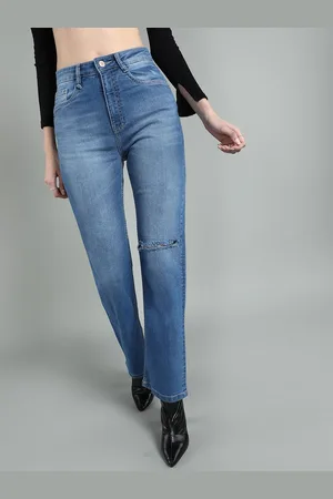 Mast & Harbour Women Straight Fit High-Rise Slash Knee Light Fade Stretchable Jeans