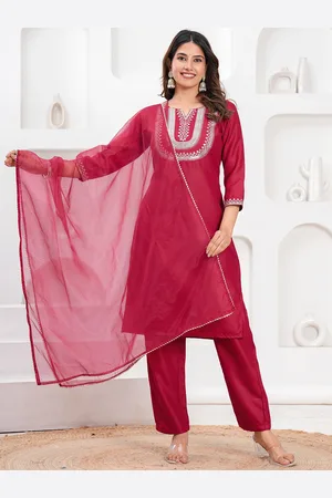 Celebravo Embroidered Sequinned Notch Neck Straight Kurta With Trouser And Dupatta