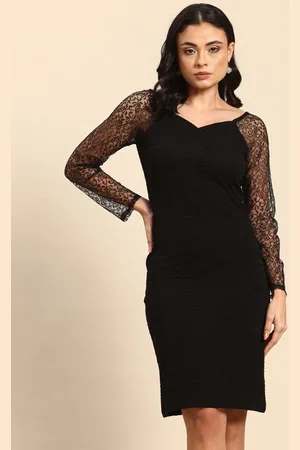 QURVII Self Design Sweetheart Neck Bodycon Dress with Lace Inserts