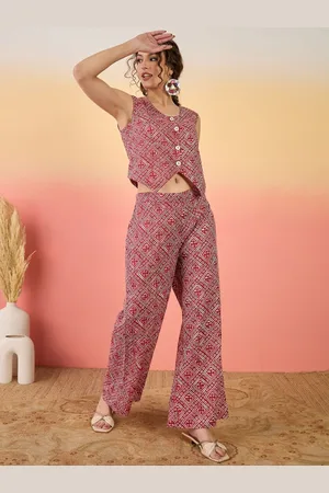 Sangria Red And White Geometric Printed Pure Cotton V-Neck Top With Trousers