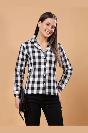 Cation Women Classic Slim Fit Cuban Collar Buffalo Checked Cotton Casual Shirt