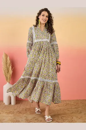 Sangria Women Floral Printed Mandarin Collar Puff Sleeves Pure Cotton Maxi Dress