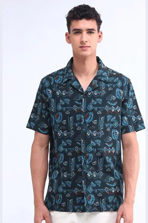 Flying Machine Men Cuban Collar Abstract Printed Cotton Casual Shirt