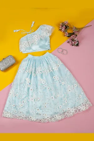 SAKA DESIGNS Girls Embroidered Sequinned One Shoulder Net Ready to Wear Lehenga & Blouse
