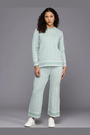 Chemistry Geometric Printed Round Neck Pure Wool Top with Trousers