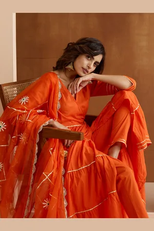 Ishin Gotta Patti Pure Cotton V-Neck Anarkali Kurta With Palazzos And Dupatta