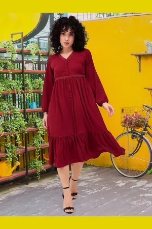 DressBerry Women Puff Sleeve A-Line Midi Dress