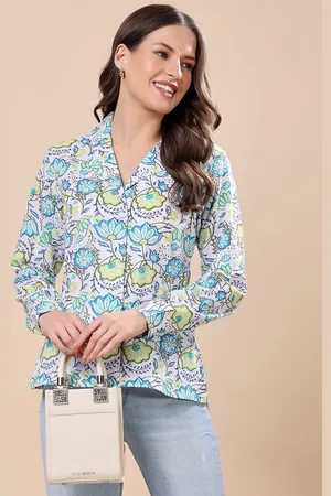 Cation Women Classic Fit Cuban Collar Floral Printed Cotton Casual Shirt
