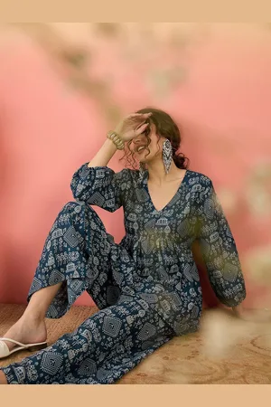 Sangria Teal Blue Quirky Printed V Neck Puff Sleeves Empire Tunic And Trouser