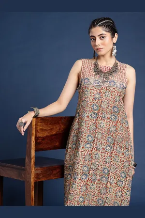 Taavi Kalamkari Indie Floral Printed A-Line Pure Cotton Ethnic Dress