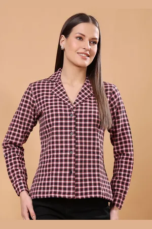 Cation Women Classic Slim Fit Cuban Collar Checked Cotton Formal Shirt
