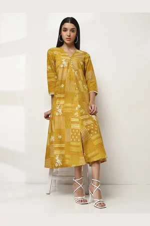 Rangriti Women Printed V-Neck Cotton A-Line Midi Dress
